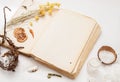 Old book and a bunch of dried herbs on white background Royalty Free Stock Photo