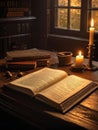 old book and burning candle on table Royalty Free Stock Photo