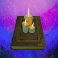 Old book and candles on marble spce table Royalty Free Stock Photo