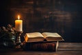 Old book and candles on vintage wooden table. Generate AI Royalty Free Stock Photo