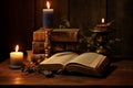 Old book and candles on wooden table in antique room. Generate AI Royalty Free Stock Photo