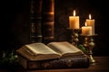 Old book and candles on wooden table. Generate AI Royalty Free Stock Photo