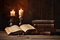 Old book and candles on wooden table. Generate AI Royalty Free Stock Photo