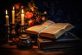 Old book and candles on wooden table with roses. Generate AI Royalty Free Stock Photo