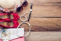 Old book and color pencil on a wooden floor - tone vintage Royalty Free Stock Photo