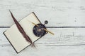 Old book and feather pen on vintage white wooden table Royalty Free Stock Photo