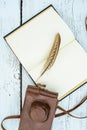 Old book and feather pen on vintage white wooden table Royalty Free Stock Photo