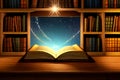 Old book with flying letters and magic light on the background of the bookshelf in the library. Ancient books as a symbol of Royalty Free Stock Photo