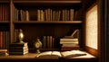 Old book with flying letters and magic light on the background of the bookshelf in the library. Ancient books as a symbol of Royalty Free Stock Photo