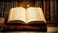 Old book with flying letters and magic light on the background of the bookshelf in the library. Ancient books as a symbol of Royalty Free Stock Photo