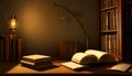 Old book with flying letters and magic light on the background of the bookshelf in the library. Ancient books as a symbol of Royalty Free Stock Photo