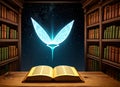 Old book with flying letters and magic light on the background of the bookshelf in the library. Ancient books as a symbol of Royalty Free Stock Photo