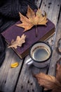 Old book, knitted sweater with autumn leaves and coffee mug Royalty Free Stock Photo