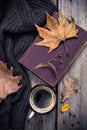 Old book, knitted sweater with autumn leaves and coffee mug