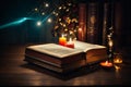 Old Book With Magic Lights On Vintage Table Royalty Free Stock Photo