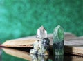 Old book and mineral stones crystals. Crystal Ritual, Healing Crystals. Natural gemstones. Gemstones are full of healing Royalty Free Stock Photo