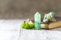 Old book and mineral stones crystals. Crystal Ritual, Healing Crystals. Natural gemstones. Gemstones are full of healing Royalty Free Stock Photo