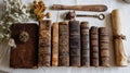 Old Book Spine and Scroll Flat Lay With Dried Flowers and Tools on a Neutral Background Royalty Free Stock Photo