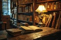 an old book spread out on a wooden desk, a lamp turned on, a shelf with old books in the background, a library Royalty Free Stock Photo