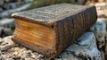 Old book Tora on the stone background, close-up, vintage style. Holy Book at the Western Wall in Jerusalem