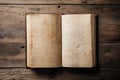 Old book on vintage wooden board, empty book for writing communication messages Royalty Free Stock Photo