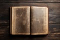 Old book on vintage wooden board, empty book for writing communication messages Royalty Free Stock Photo