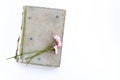 Old book on a white background. Bouquet of flowers from daisies. Top view, place for text. Royalty Free Stock Photo