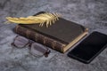 An old book with a yellow palm leaf and glasses on a gray table Royalty Free Stock Photo