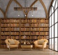 Old bookcase with leather armchair near window in reading room or library.Vintage style.