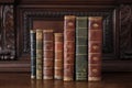 Old books on an antique wooden furniture Royalty Free Stock Photo