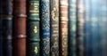 Old books close-up. Title of the book is printed on the spine, book cover. Tiled Bookshelf background. Concept on the theme of Royalty Free Stock Photo