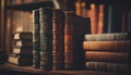Old books close-up. Title of the book is printed on the spine. Tiled Bookshelf background Royalty Free Stock Photo