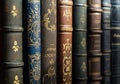Old books close-up. Title of the book is printed on the spine. Tiled Bookshelf background. Concept on the theme of history, Royalty Free Stock Photo