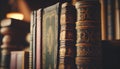 Old books close-up. Title of the book is printed on the spine. Tiled Bookshelf background