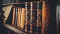 Old books close-up. Title of the book is printed on the spine. Tiled Bookshelf background