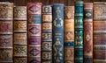 Old books cover on wooden shelf. Tiled Bookshelf background. Concept on the theme of history, nostalgia, old age. Retro style. The Royalty Free Stock Photo