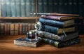 Old books , Fountain pen and vintage inkwell in old library. Conceptual background on history, education, ancient, literature