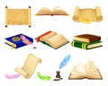 Old Books in Hard Cover with Pages and Scrolls with Quill Vector Set Royalty Free Stock Photo