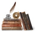 Old books, inkstand and scroll Royalty Free Stock Photo