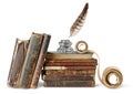 Old books, inkstand and scroll Royalty Free Stock Photo