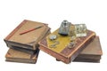 Old books with pocket watch, presse papier and glasses Royalty Free Stock Photo