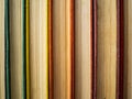 The old books put in a row. Several books with the grown old sheets. The turned yellow pages of paper books Royalty Free Stock Photo