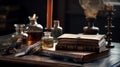 Old books ,quill pen and vintage inkwell on desk in old library historical background