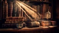 Old books ,quill pen and vintage inkwell on desk in old library historical background