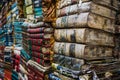 Old books row. Vintage books. Pile of old books.