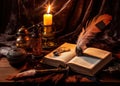 old books, scrolls, ink pen and inkwell on wooden table on brown background Royalty Free Stock Photo