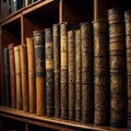 Old books on a shelf in a library. Vintage style toned picture. generative ai
