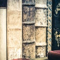 Old books stack. Old leather covered books