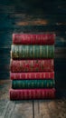 Old books stack with red and green hues, vintage charm