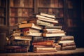 Old books stacked on the table in the library, knowledge and reading theme. Generative ai Royalty Free Stock Photo